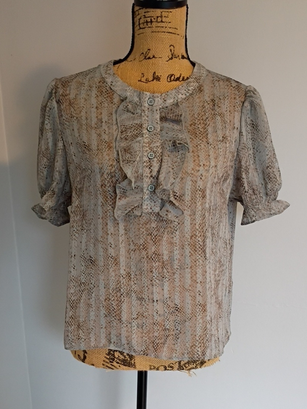 CAbi Neutral Snake-Print Ruffle Front Blouse